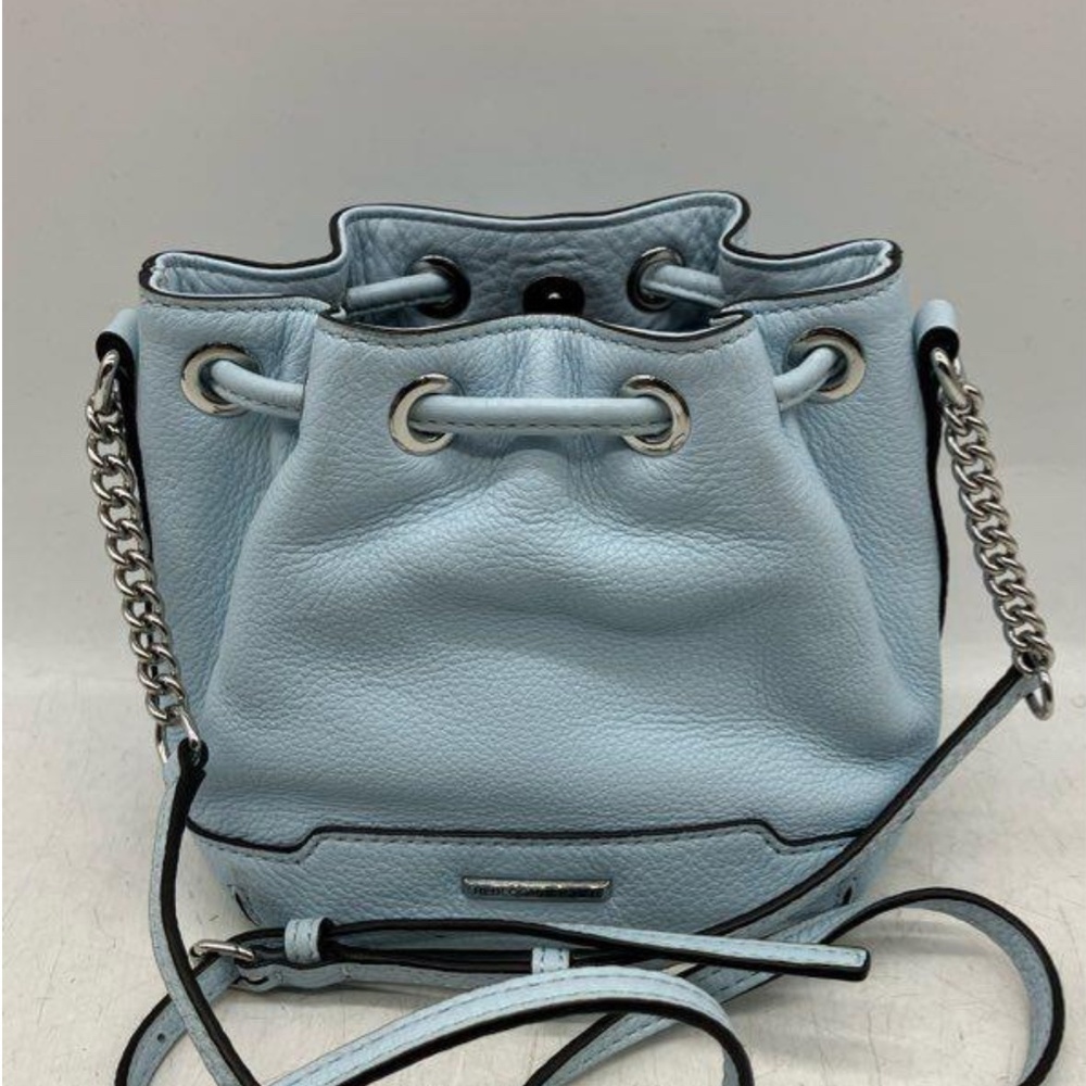 Baby blue drawstring Rebecca Minkoff leather purse bag COA EUC silver clean
